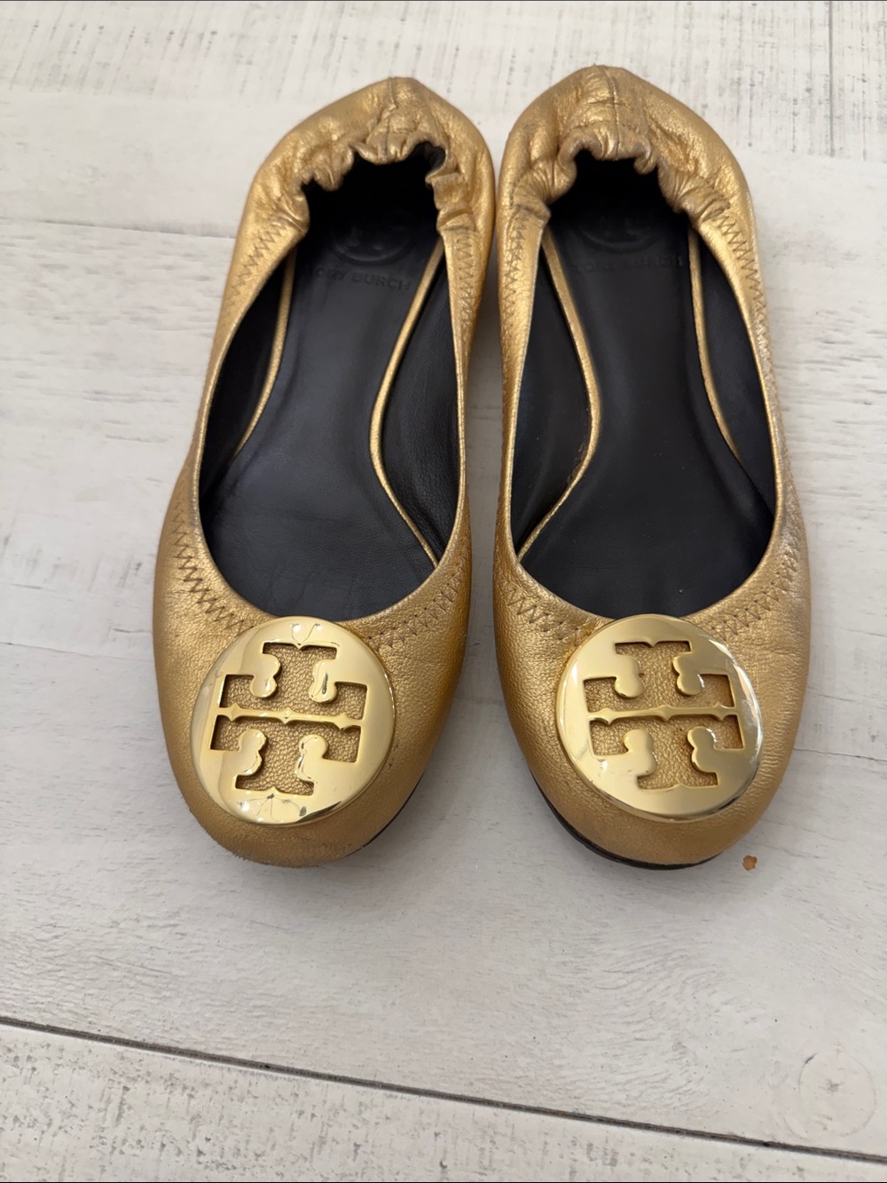 Tory Burch Metallic Gold Leather Logo Ballet Flats